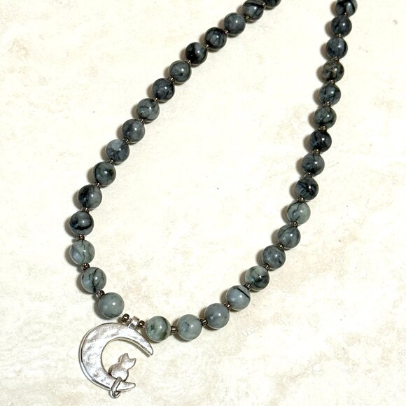 Dark Grey Marble Short Necklace, Genuine Gemstone & Silver Cat on the Moon Charm - Picture 7 of 13